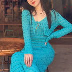 Runway Designer Summer Clothes for Women Elegant V-neck Blue Knitted Cardigan+midi Dress Sets 2 Piece Sets Womens Outfit