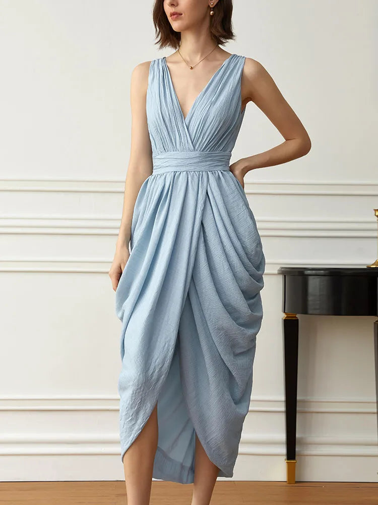 IEQJ V-neck Sleeveless Lace-up Spliced Pleated Dresses For Women Solid Vintage High Waist Dress  New Clothing 3WQ7168