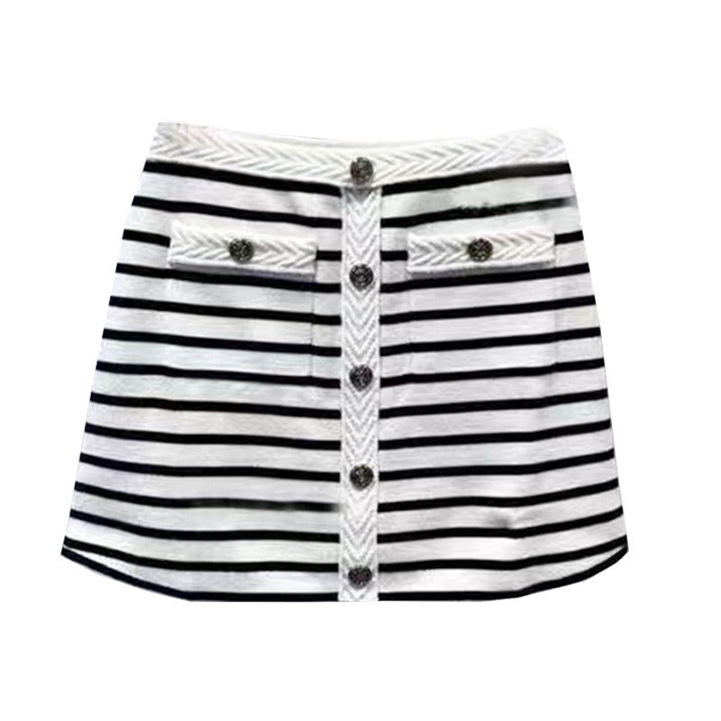 Striped knit vest+A-line skirt V-neck patchwork short top