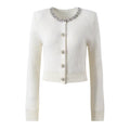 Charming Ivory White Rhinestone-Embellished Short Knit Cardigan with Round Neck Long Sleeve Sweater Top