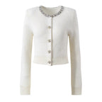 Charming Ivory White Rhinestone-Embellished Short Knit Cardigan with Round Neck Long Sleeve Sweater Top