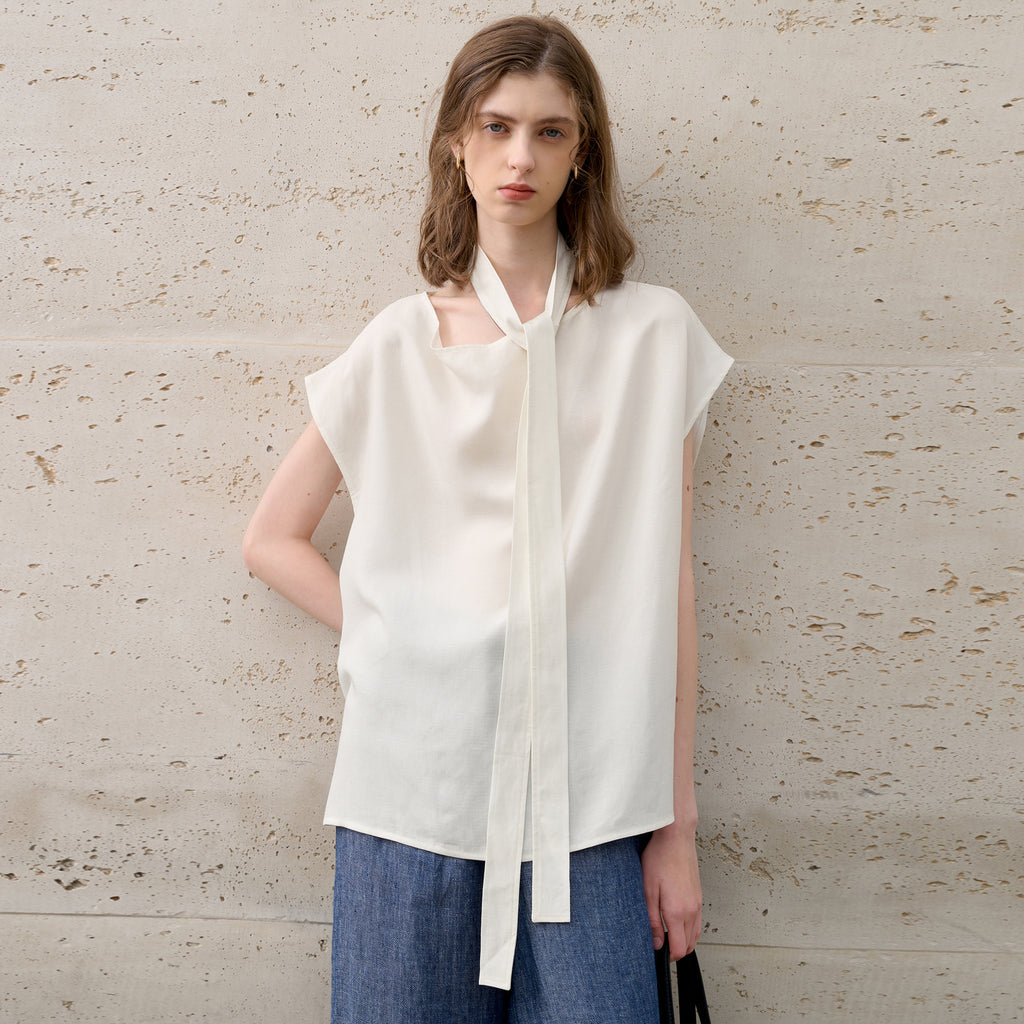 Elegant Loose Short Sleeve T-Shirt for Women - High-End Tencel Linen Swing Collar Office Wear with Belt