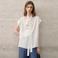 Elegant Loose Short Sleeve T-Shirt for Women - High-End Tencel Linen Swing Collar Office Wear with Belt