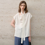Elegant Loose Short Sleeve T-Shirt for Women - High-End Tencel Linen Swing Collar Office Wear with Belt