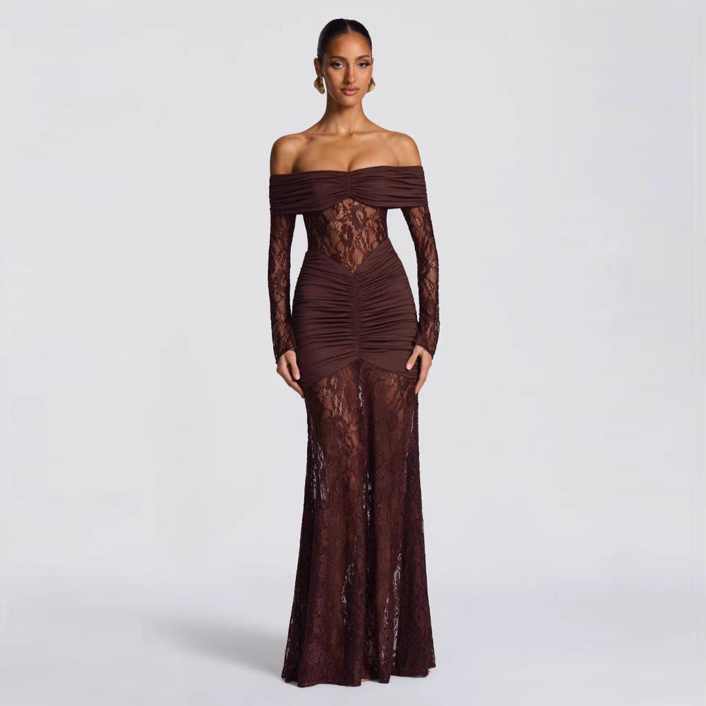 Elegant Lace Splicing One-Shoulder Long Sleeve Bodycon Dress for Women Evening Gown
