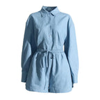 Solid Two Piece Sets For Women Lapel Long Sleeve Spliced Single Breasted Shirts High Waist Loose Shorts Casual Set Female