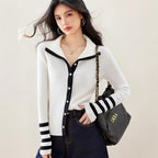 Fashionable Stripe Spliced Color-Blocking Knit Cardigan for Women, French Style Top, Casual Wear