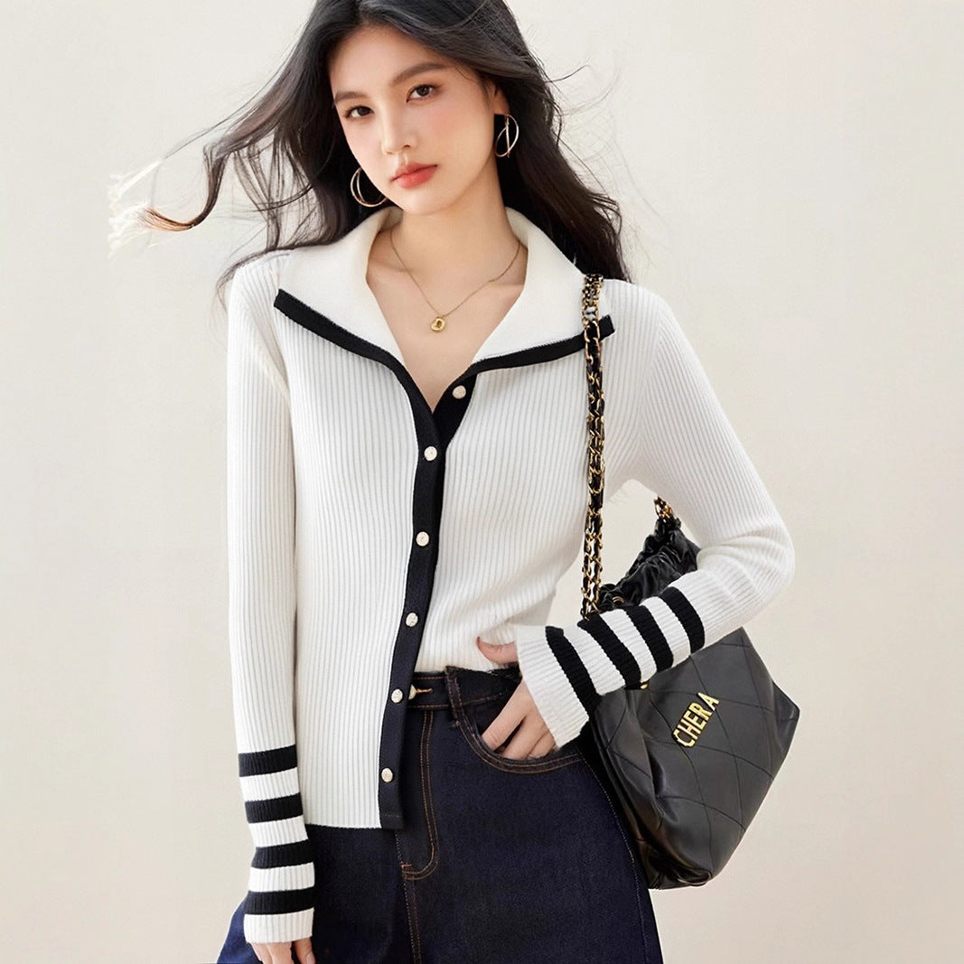 Fashionable Stripe Spliced Color-Blocking Knit Cardigan for Women, French Style Top, Casual Wear