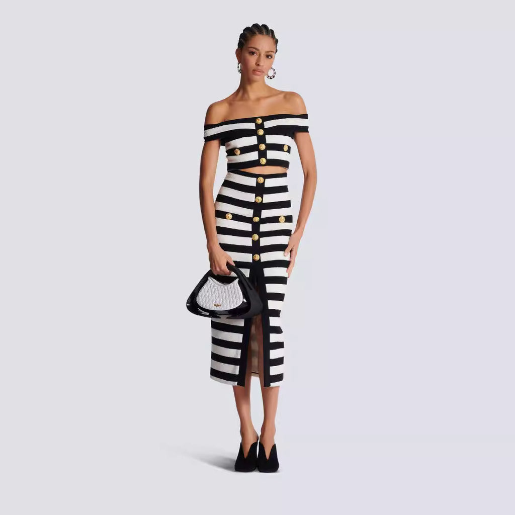 New Black and White Zebra Pattern Bandage Skirt Set European and American Fashion Off Shoulder Short Top Long Skirt Two Piece Set