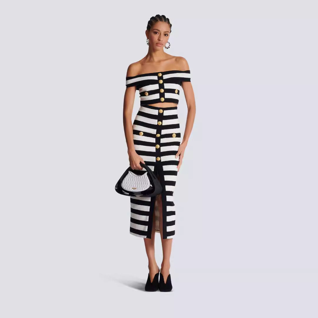 New Black and White Zebra Pattern Bandage Skirt Set European and American Fashion Off Shoulder Short Top Long Skirt Two Piece Set
