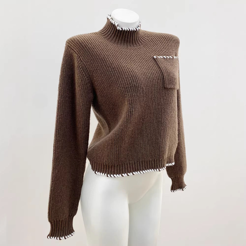 Sd Home Wool Blend High Neck Long Sleeve Knit Top with Hand-Stitched Trim for Women