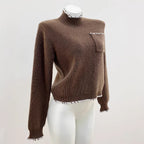 Sd Home Wool Blend High Neck Long Sleeve Knit Top with Hand-Stitched Trim for Women