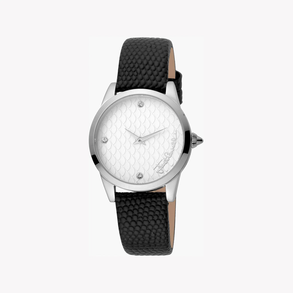 Just Cavalli Women's Black Leather Watch, Silver Dial | Jc1l087l0015