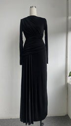 Elegant Knit Long Sleeve Ribbon Dress with Asymmetrical Neckline, Elastic Pleated Floor-Length Skirt
