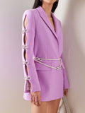 Fashion Women Suit Dress Notched Collar Slim Diamond Bow Hollow Out Sleeve Pearl Belt Mini Dresses Autumn New