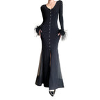 Solid Patchwork Feathers Designer Dresses For Women V Neck Long Sleeve High Waist Spliced Mesh Elegant Dress Female