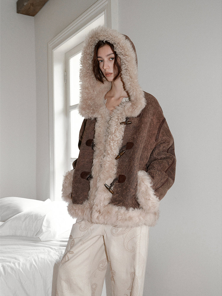 "Modern Weekend" Drop Shoulder Hooded Merino Wool Sheepskin Fur Coat Winter
