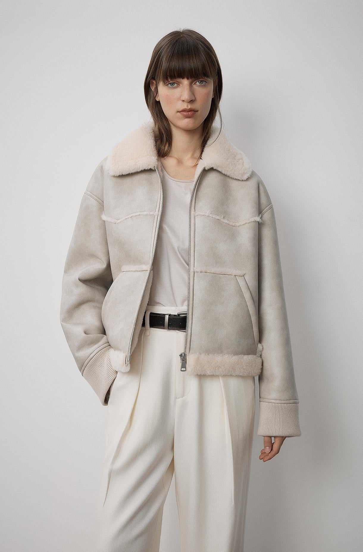 "Makino's Fun" Lapel Wool Artificial Compound Leather Short Style Shearling Jacket