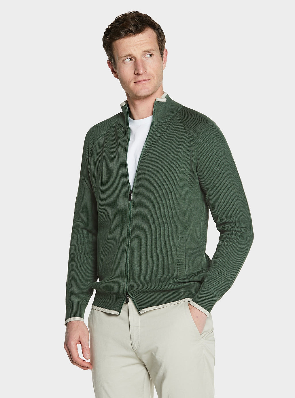 Maglia full zip a coste in puro cotone