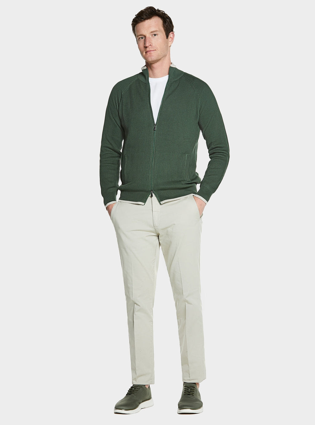 Maglia full zip a coste in puro cotone