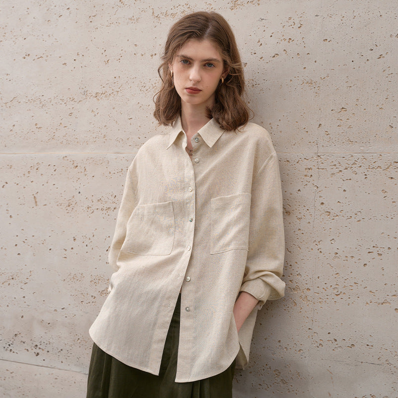 Vintage Style Linen Tencel Sunscreen Shirt Loose Casual Cotton Linen Blouse Open Cardigan Women's Top Notched Collar Long Sleeve Blouse