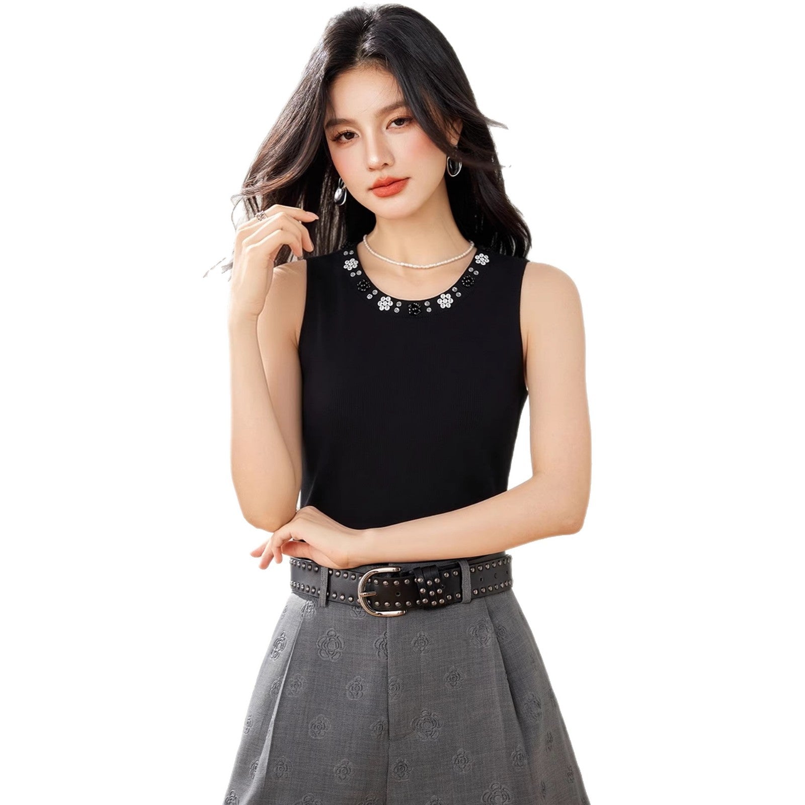 Chic Beaded Strapless Top for Women Spring and Autumn Sleeveless T-Shirt, Fitted Knitwear, Blazer Inner Layer