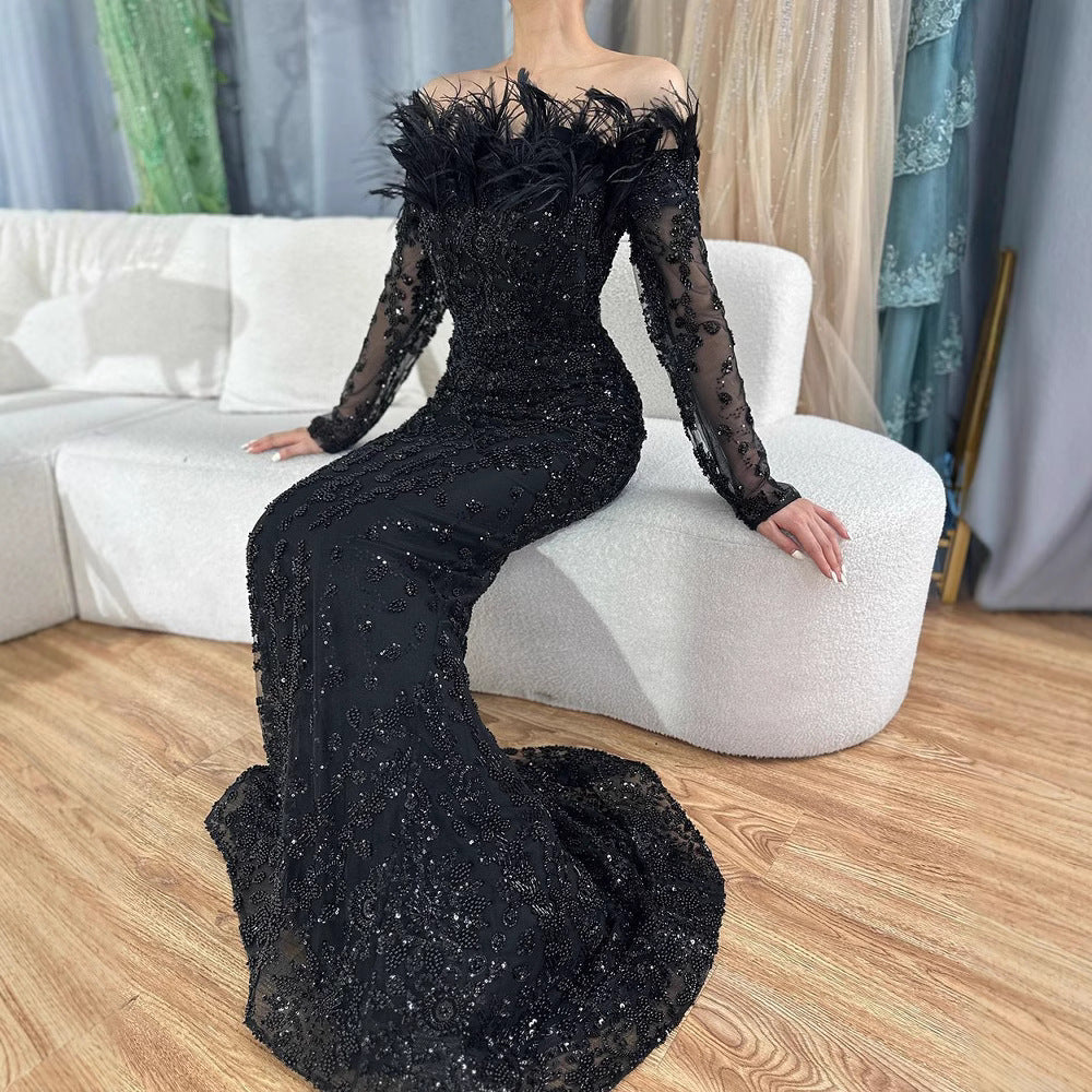 Elegant Black One-Shoulder Feather Mermaid Evening Gown Luxurious and Chic Perfect for Hostess PartyFormal Events