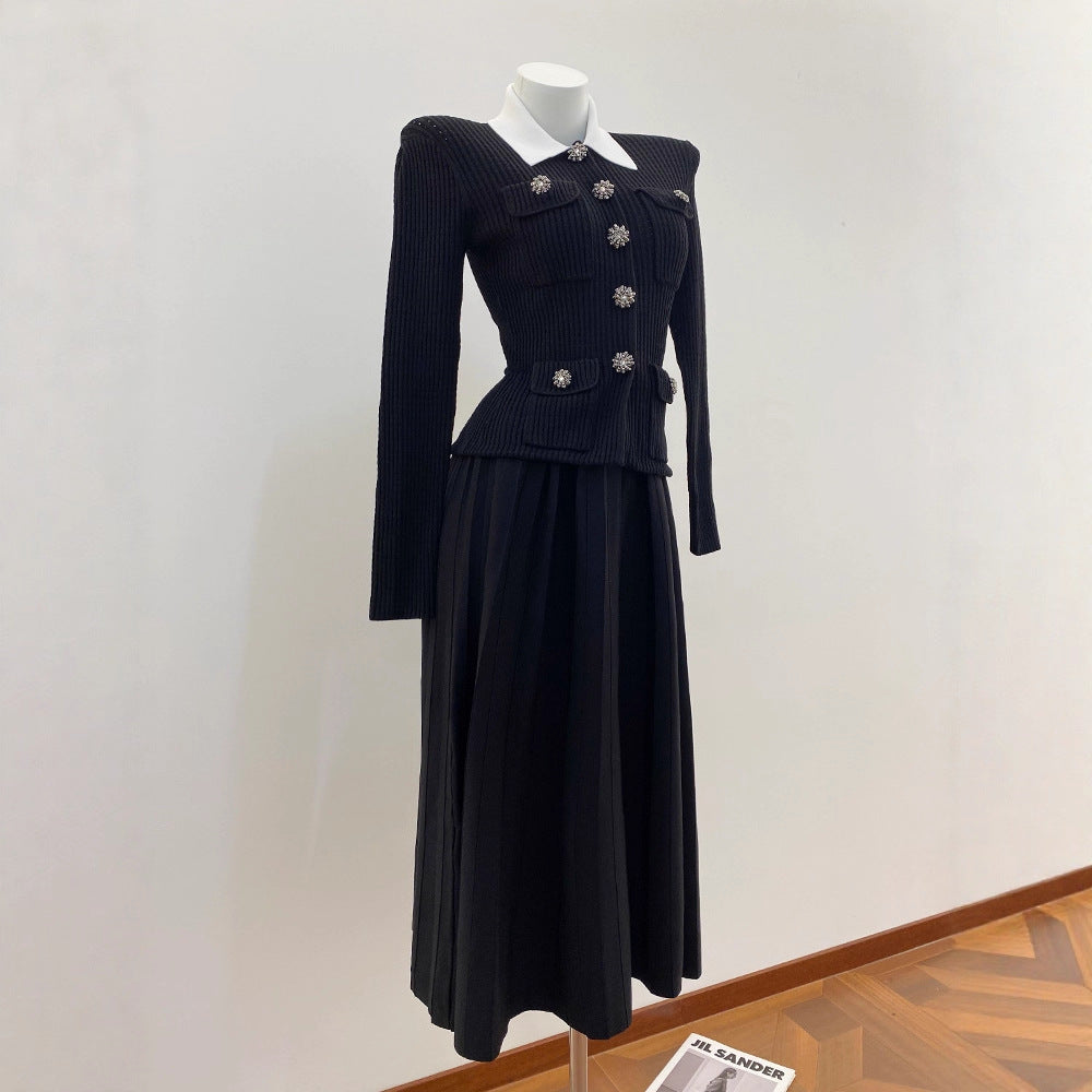 Chic Long Knit Pleated Dress with Turn-Down Collar in French Chic Style for Women