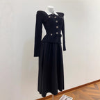 Chic Long Knit Pleated Dress with Turn-Down Collar in French Chic Style for Women