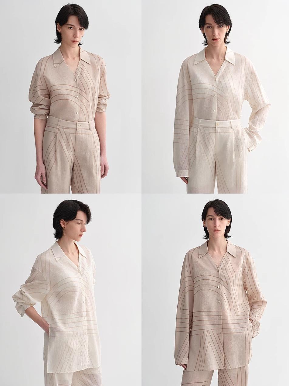 Linen original art stripe print classic lapel small V-neck design breathable blouse shirt suit for women