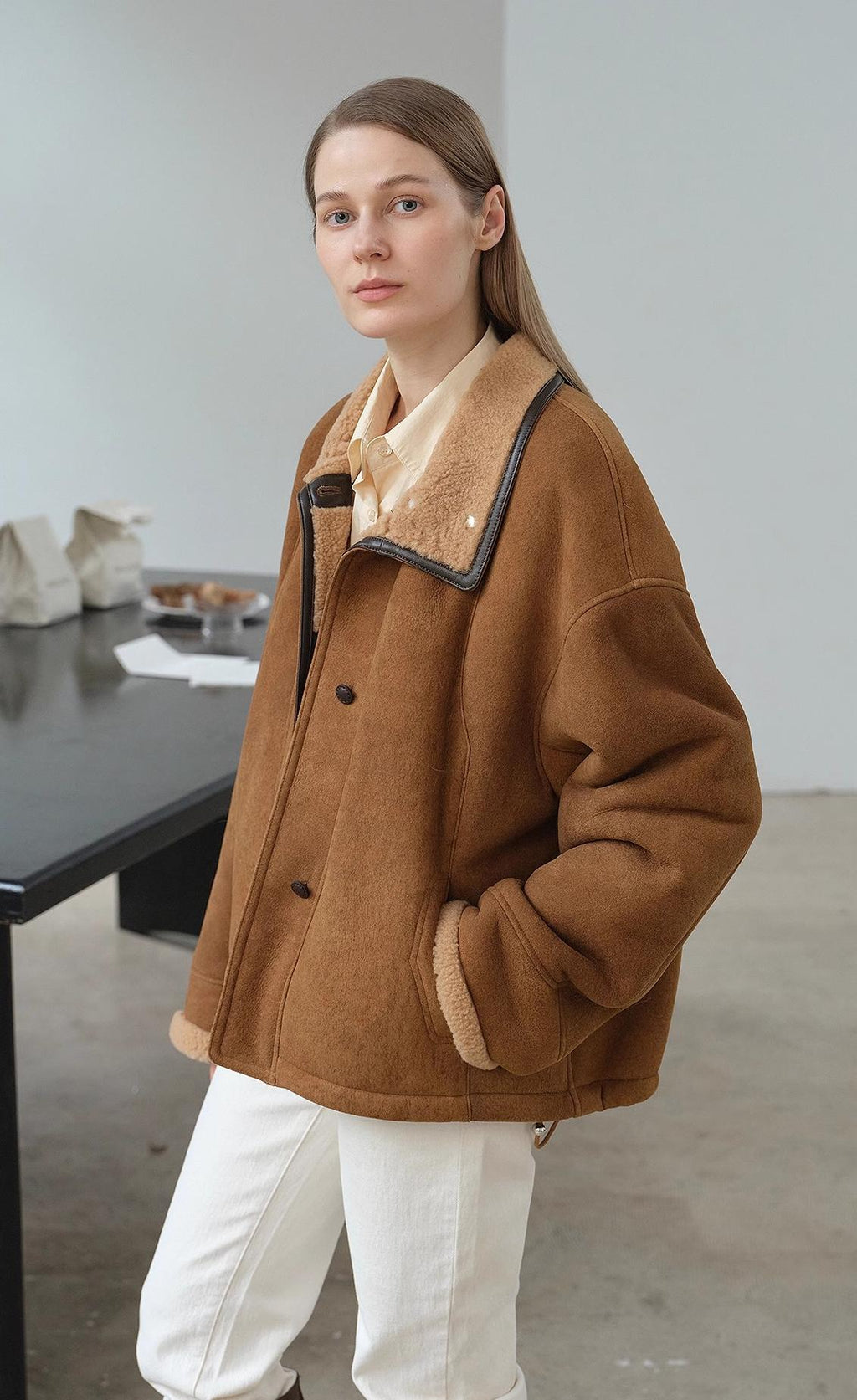 "Knight's Contract" Merino wool sheepskin coat with fur-faced stand-up collar