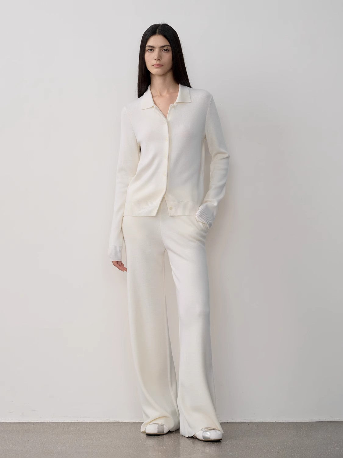 "Lazy urban" Yangtze Merino wool polo-neck cardigan straight-leg knitted pants suit