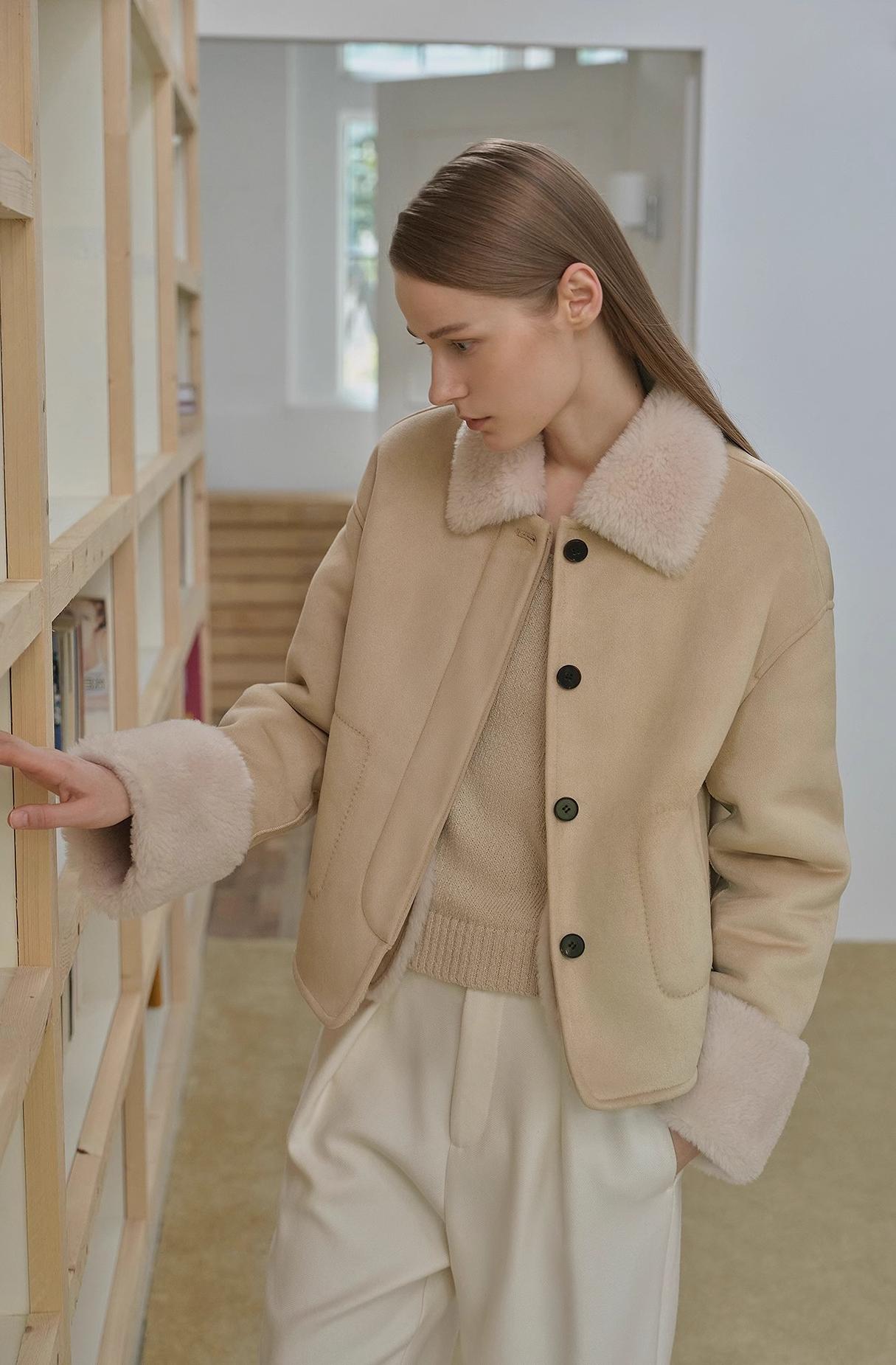 "Slightly Sweet Latte" Furry Lapel Wool Artificial Compound Suede Casual Straight Shearling Jacket