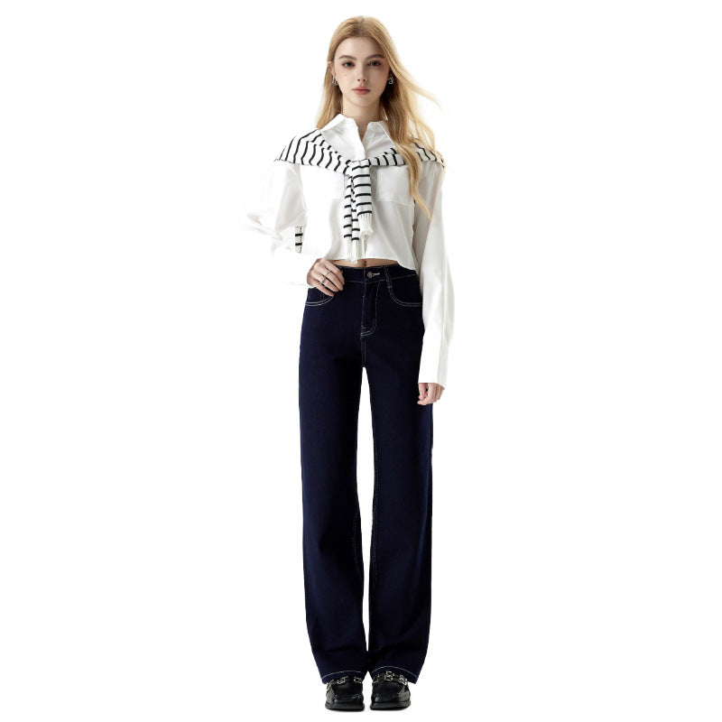 Women's Blue Wide-leg Jeans High-waisted Slimming Straight Leg Nine-point Pants
