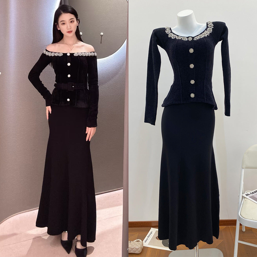 Black Heavy Rhinestone Shoulder-Baring Boat Neck Velvet Long Sleeve Knit Dress for Women