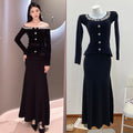 Black Heavy Rhinestone Shoulder-Baring Boat Neck Velvet Long Sleeve Knit Dress for Women
