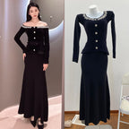 Black Heavy Rhinestone Shoulder-Baring Boat Neck Velvet Long Sleeve Knit Dress for Women