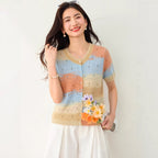 Simple  Yellow Round Neck Gradient Hollow-out Short Sleeve Knit Cardigan for Women, Summer Fashion Casual Top