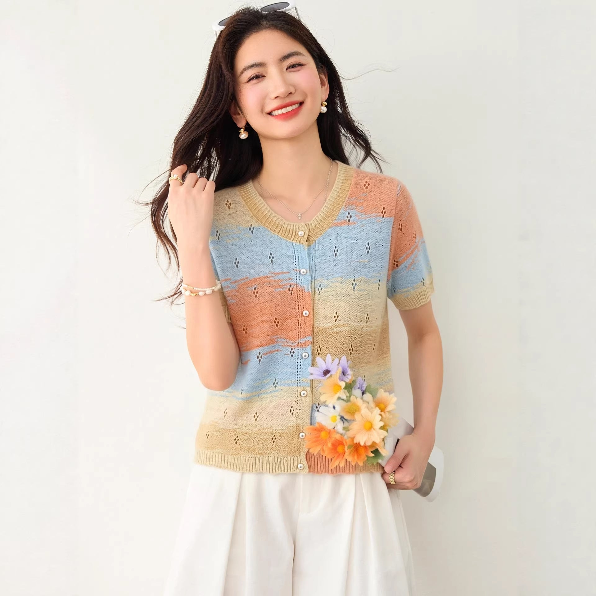 Simple  Yellow Round Neck Gradient Hollow-out Short Sleeve Knit Cardigan for Women, Summer Fashion Casual Top