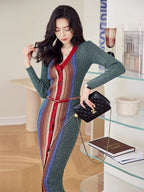 Runway Designer Dark Green Striped V-Neck Buttons Breasted Midi Knitting Dress New Fashion Autumn Winter Sweater