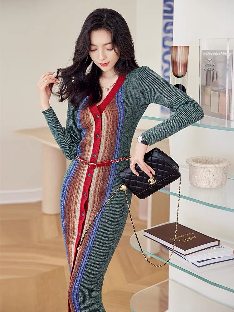 Runway Designer Dark Green Striped V-Neck Buttons Breasted Midi Knitting Dress New Fashion Autumn Winter Sweater