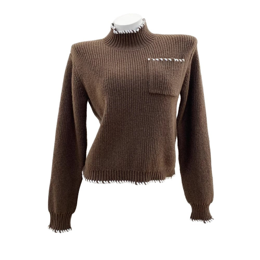 Sd Home Wool Blend High Neck Long Sleeve Knit Top with Hand-Stitched Trim for Women