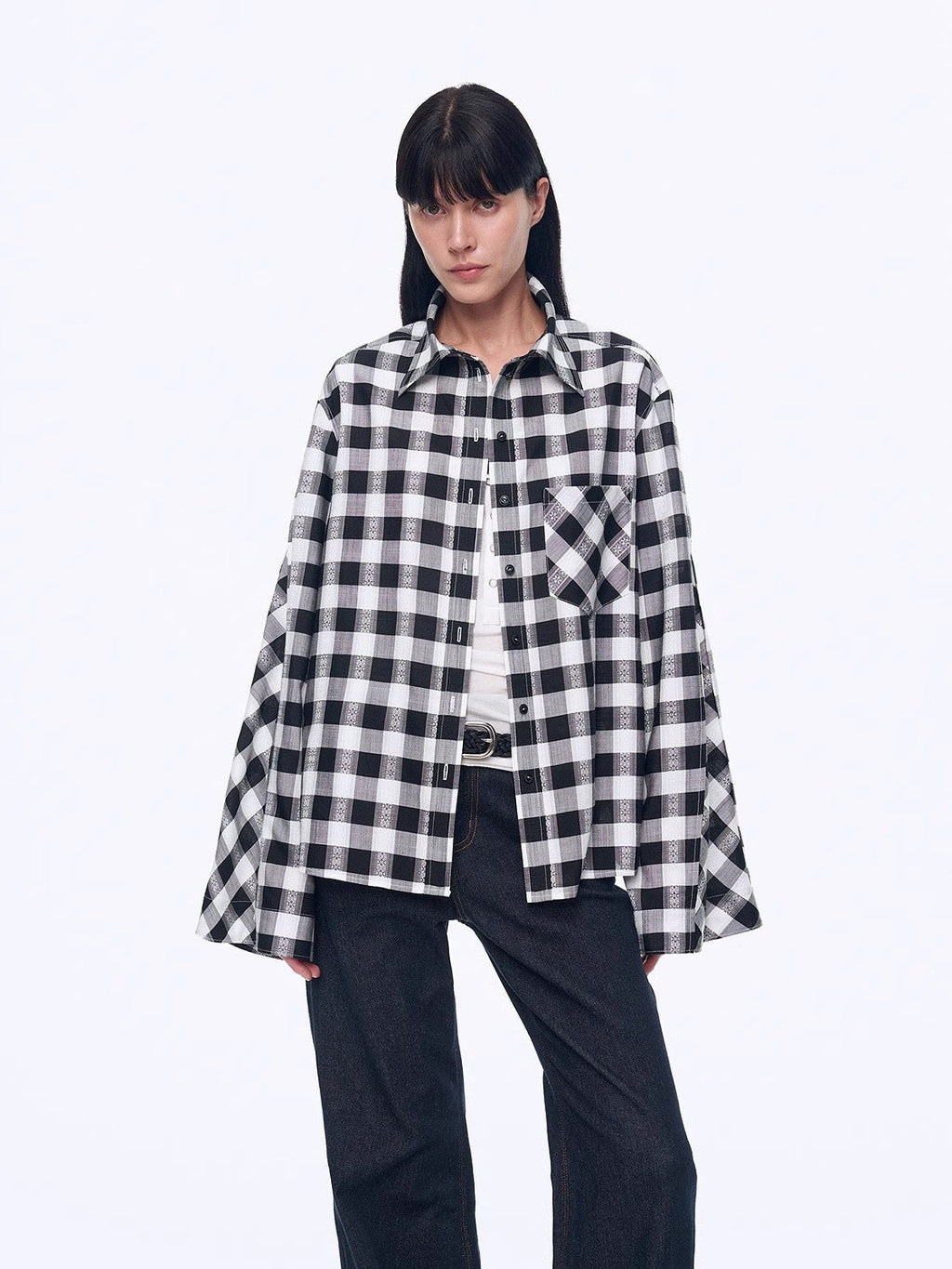 "Style Diary" Tencel acetate jacquard check dropped shoulder shirt