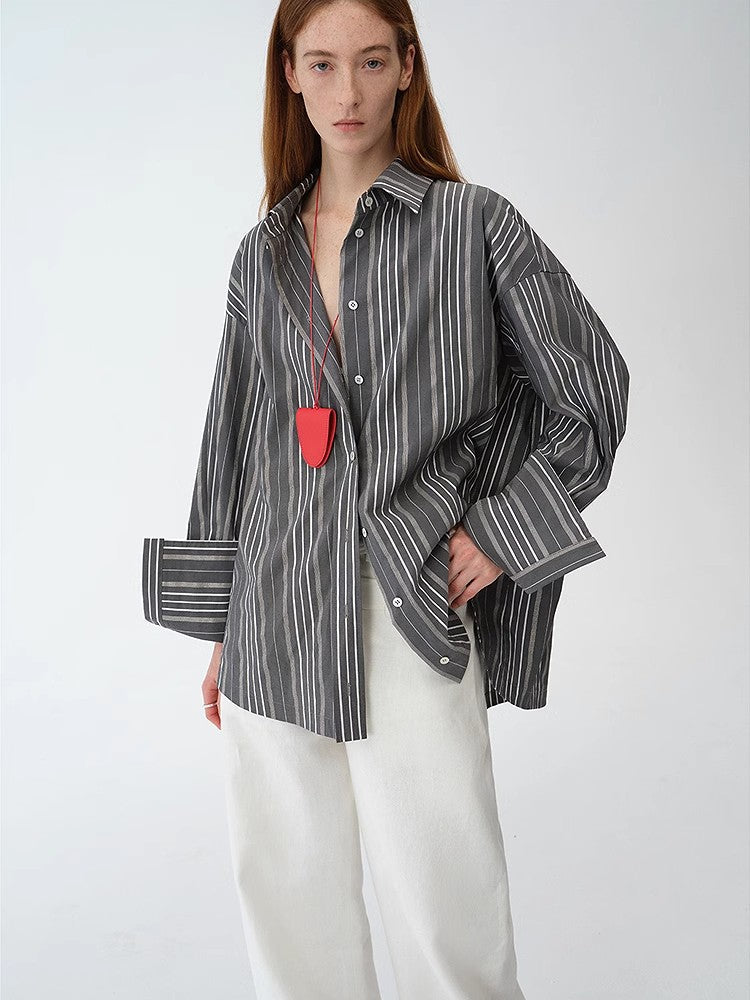 "Striped Fantasy" Casual Asymmetric Slanted Front Two-Wear Striped Long Sleeve Shirt