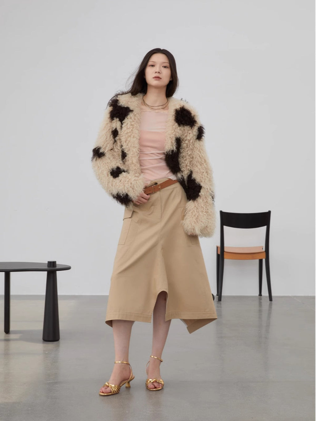 Fragrant Cream Cow Pattern Sheep Curly Double Knit Fur Short Coat
