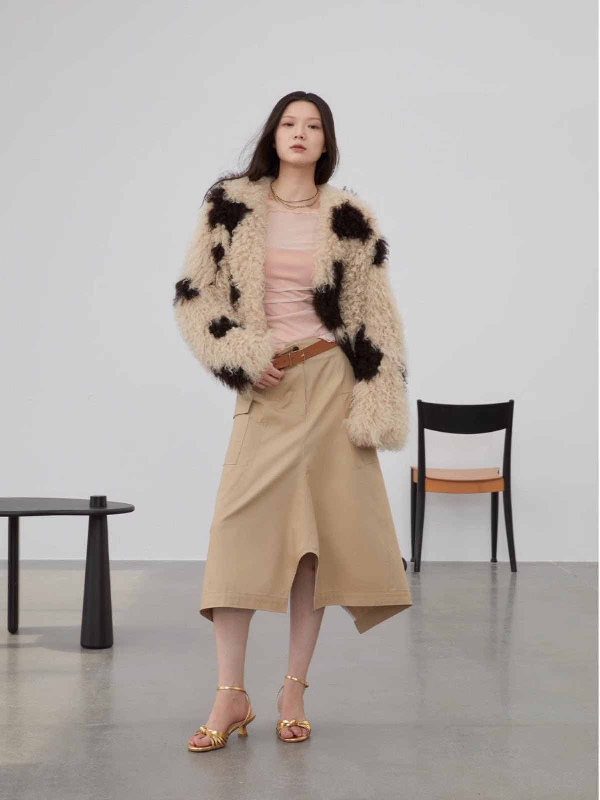 Fragrant Cream Cow Pattern Sheep Curly Double Knit Fur Short Coat