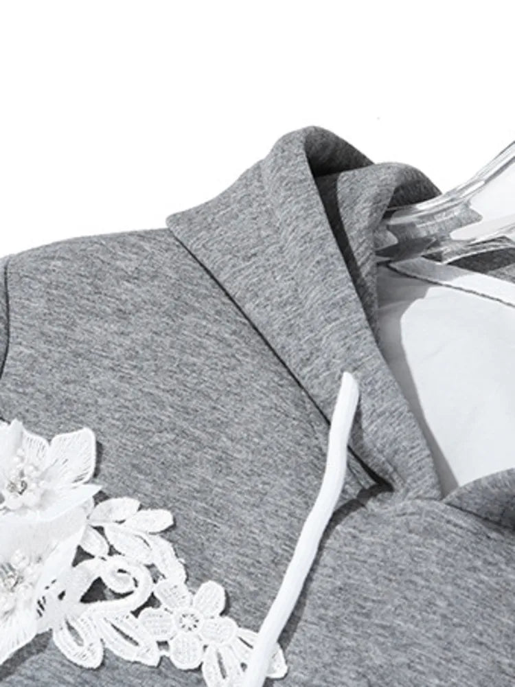 Fashion Women's Hoodies Hooded Contract Color Lace Patchwork Long Sleeves Gray Sweatshirt Autumn