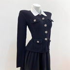 French Style Tweed Pattern Short Sleeve Turn-Down Collar Knitted Pleated Mini Dress