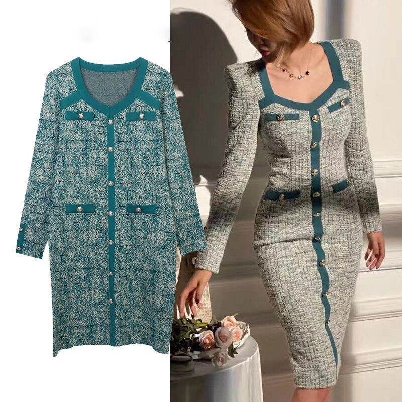 Vintage Square Collar Sweater Dress Women Designer Button Up Long Sleeve Autumn Winter Clothes Casual Traf Midi Dresses