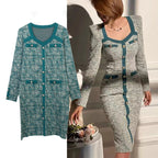 Vintage Square Collar Sweater Dress Women Designer Button Up Long Sleeve Autumn Winter Clothes Casual Traf Midi Dresses